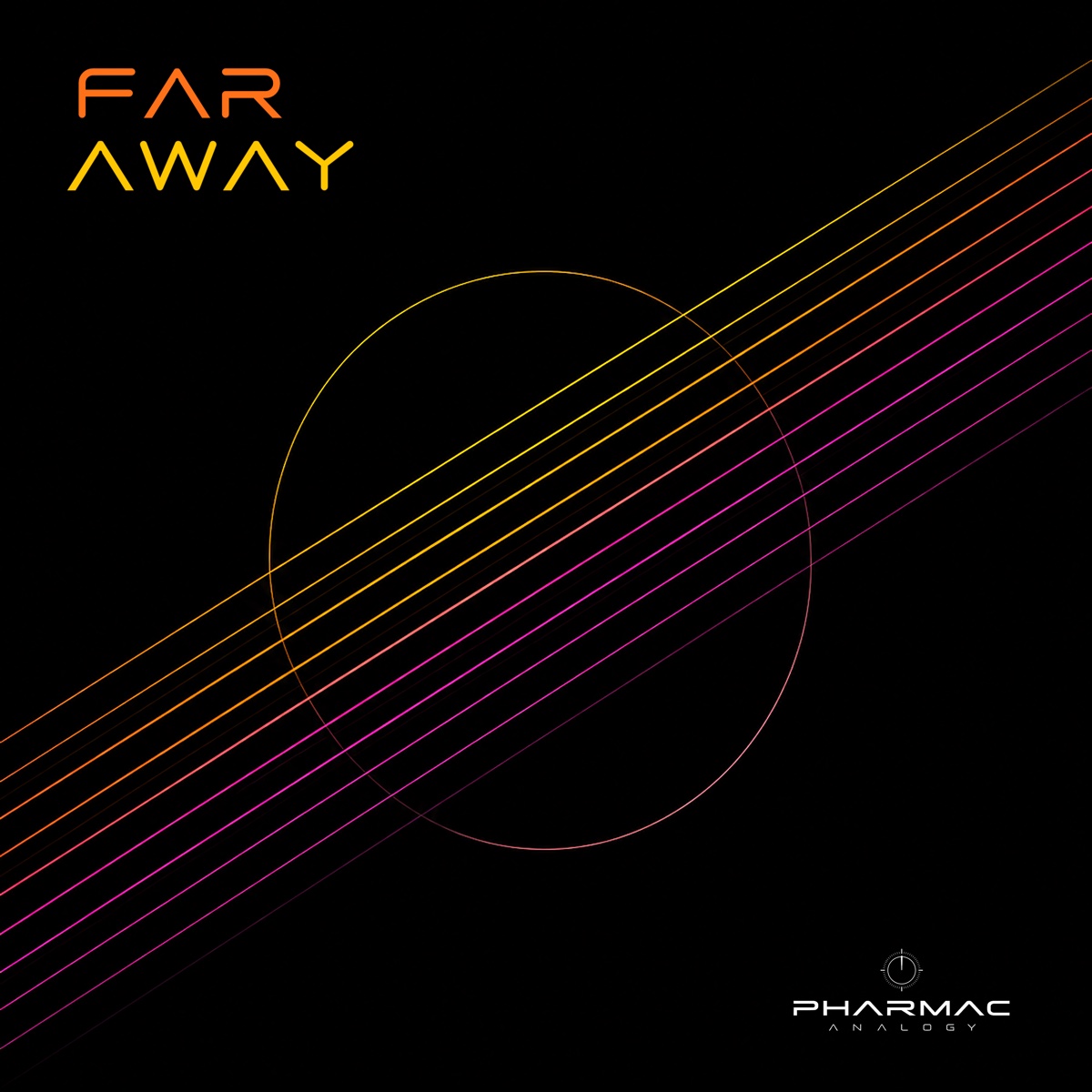 FAR AWAY single artwork by Pharmac Analogy, with orange, yellow and magenta light trails on a black background